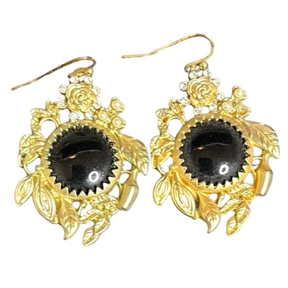 Georgian Revivalist Black Scroll Floral Pearl Gold Tone Dangle Hook Earrings - Picture 1 of 6